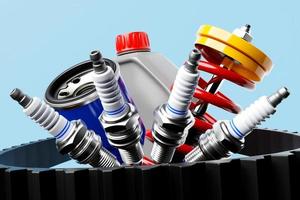 3d illustration of auto parts car  spark plugs, shock absorber, oil canister, fuel and air filters on blue  isolated background. Car Repair Parts photo