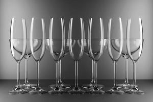 3D illustration of glasses for champagne, wine. Wine glasses for alcohol on a gray background photo