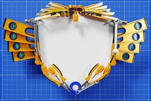 3D illustration of a white frame in the form of a coat of arms with hand tools photo