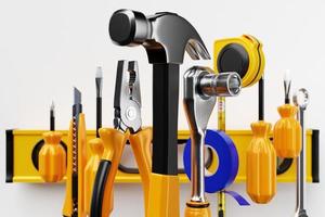 Various working tools for construction, repair. Screwdriver, level, electrical tape, hammer, knife, scissors, wrench, etc. 3D illustration photo