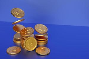 Golden coin with ruble sign isolated on blue background. Income concept. 3D rendering. photo