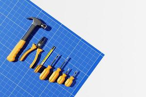 3D illustration screwdriver, hammer, pliers, screws, etc. for handmade. Various working tools. Construction, construction, renovation concept.