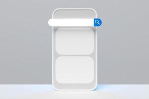 Ilustración colorida en 3d de un teléfono inteligente moderno con una barra de búsqueda de información sobre un fondo blanco. foto
