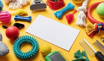 Pet care concept, various pet accessories and tools on yellow background with blank paper, high angle photo