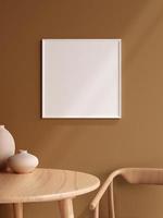 afiche blanco cuadrado minimalista o marco de fotos en el moderno diseño interior de la pared de la sala de estar con jarrón y sombra. representación 3d