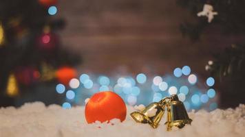 Christmas tree decorated background with snow and bokeh, Christmas and New Year holidays. photo