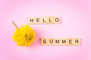 Hello summer concept. Yellow flower on pink background. Wooden lettering photo