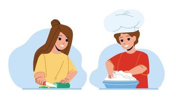 Kids Cooking Salad And Dessert Together Vector