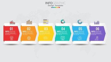 Timeline infographics template with 6 elements workflow process chart. vector