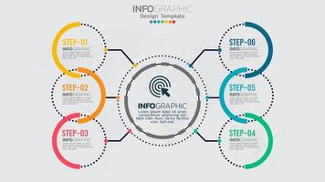 Plantilla de infografía con diagrama de proceso de flujo de trabajo de 6 elementos. vector