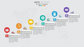 Plantilla de infografía con diagrama de proceso de flujo de trabajo de 6 elementos. vector