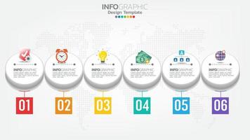 Timeline infographics template with 6 elements workflow process chart. vector