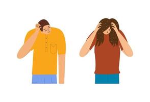 Man and woman suffer from dandruff on the head, seborrheic dermatitis. Skin lesion with an infectious fungus. The characters suffer from itching. Vector illustration in flat style