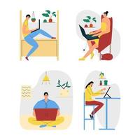 A set of young different people working remotely online using a laptop and a tablet. Coworking concept. A team of freelancers, programmers, designers. Vector illustration in flat style