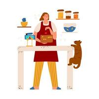 The girl shoots a video online on the phone of the preparation of a cake in the kitchen. Food blogger concept. A woman shoots content for her Internet channel. Vector illustration in a flat style.