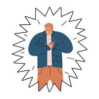 A man with a heart attack. A young guy has a panic attack. Chest pain. Vector illustration hand drawn in style.