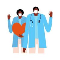 Two African American doctors man and woman. Cardiologist and therapist. Medical assistance, consultation. Vector illustration in flat style