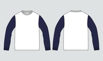 Two tone Color Long Sleeve T shirt Technical Fashion flat sketch Vector template for Men's and boys