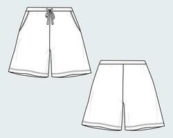 pantalones cortos técnica moda dibujo plano vector ilustración plantilla vistas frontal y posterior.