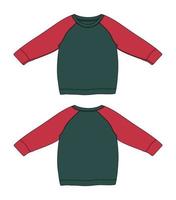 Two tone red and green color Raglan sweatshirt technical fashion flat sketch template for women's vector