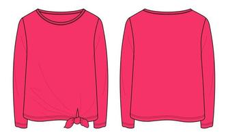Long Sleeve T shirt Tops Technical fashion flat sketch vector illustration Pink Color template for ladies