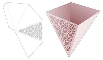 Pyramid shaped container with stenciled Arabic pattern die cut template and 3D mockup vector