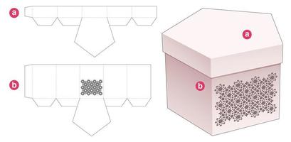 Pentagon stenciled Arabic pattern box with lid die cut template and 3D mockup vector