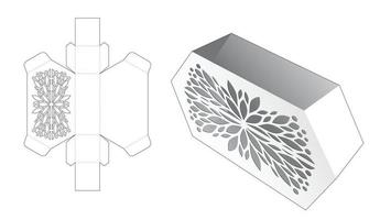 Tin stenciled hexagonal box die cut template and 3D mockup vector