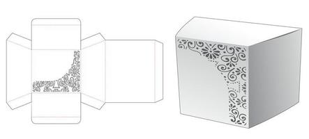 Trapezoid packaging box with stenciled pattern die cut template and 3D mockup vector