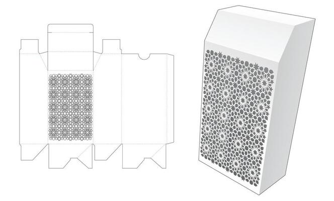 Chamfered packaging box with stenciled arabic pattern die cut template and 3D mockup