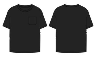 Short sleeve t shirt technical fashion flat sketch vector illustration black Color  template