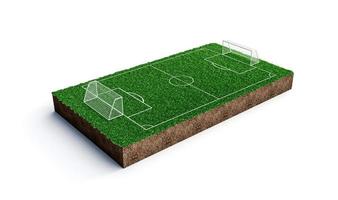 mini campo de fútbol y pelota de fútbol, hierba verde, realista, fondo blanco, ilustración 3d foto