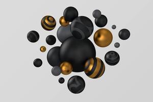 Abstract 3d illustration with moving balls. Dynamic flying black and gold striped bubbles, futuristic composition with spheres on grey background. photo
