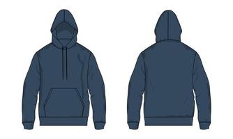 Long Sleeve Hoodie technical fashion flat sketch vector illustration Navy Blue Color Color template