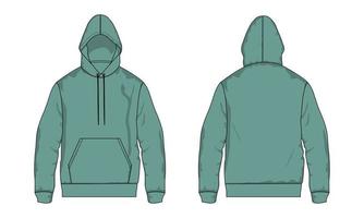 Long Sleeve Hoodie technical fashion flat sketch vector illustration Green Color template