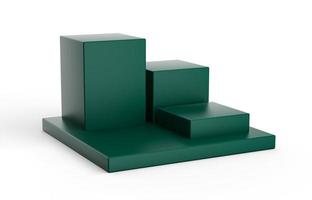 podio de cubo de tres pasos. plataforma verde o fondo con espacio vacío para exhibición. plantilla de páginas web para productos. representación 3d foto