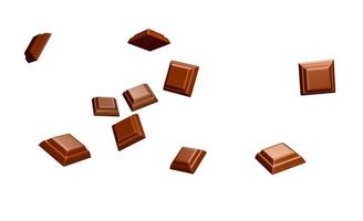 close up of chocolate pieces stack falling on white background 3d illustration 3d rendering photo