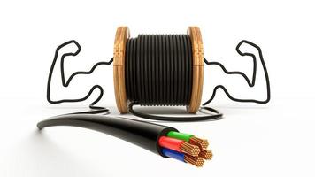 alambre cable eléctrico brazo fuerte bíceps en bobina de madera o carrete aislado sobre fondo blanco potente eléctrico seguro. ilustración 3d foto