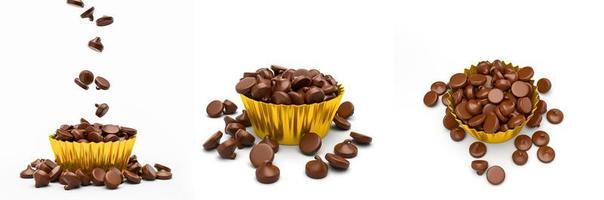 Chocolate chips pouring falling in golden paper cup on isolated white background 3d illustration photo