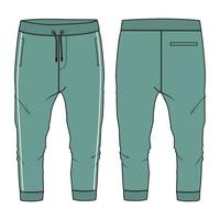 pantalones de chándal moda técnica boceto plano ilustración vectorial plantilla de color verde vistas frontales y traseras vector