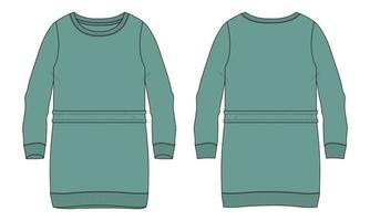 Oversize long Cotton fleece Sweater technical Flat sketch vector Green Color template for womens