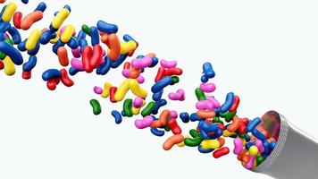 coloridos frijoles de gelatina que se derraman del paquete de envoltorios de refrigerios en ilustración 3d, montón de múltiples caramelos de gelatina foto