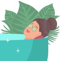 Woman in bath relaxing with cucumbers on her eyes. Cosmetic home procedure vector illustration.