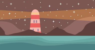 Lighthouse, sea, night sky, stars landscape vector illustration