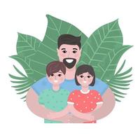Father with a son and a daughter. Happy father's day greeting card. Father hugging his little kids. Vector illustration in a flat style.