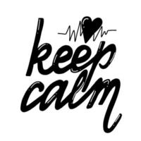 Keep calm lettering phrase with heart. Vector illustration isolated on white background. Typography template with hand drawn text and graphic elements.