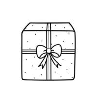 Cute gift tied with a festive ribbon with a bow isolated on white background. Vector hand-drawn illustration in doodle style. Perfect for holiday and Christmas designs, cards, decorations, logo.