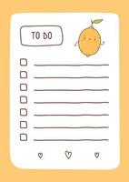 To do list template decorated by kawaii lemon. Cute design of schedule, daily planner or checklist. Vector hand-drawn illustration. Perfect for planning, notes and self-organization.