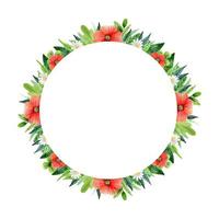 Watercolor floral frame with flowers and leaves. Wreath with daisy, poppy and clover vector