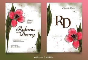 Watercolor wedding invitation template with pink and green flower ornament vector